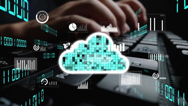 A conceptual image showcasing cloud storage and data analytics over a computer keyboard. This visual represents the intersection of technology and business in modern digital environments. Xenic