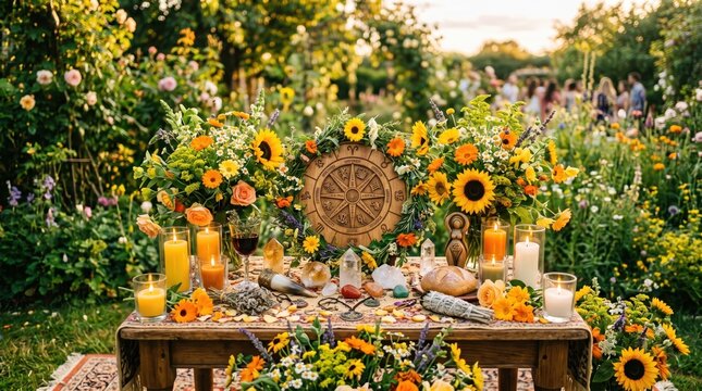 Celebratory altar for Summer solstice, Litha, featuring a seasonal wheel adorned with blooms, gems, charms, and a candle, captured in soft focus.