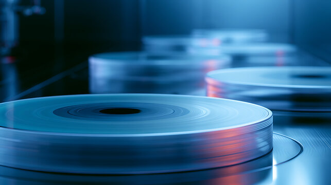 Series of silicon wafers rotating on spinning machines during fabrication process (3)