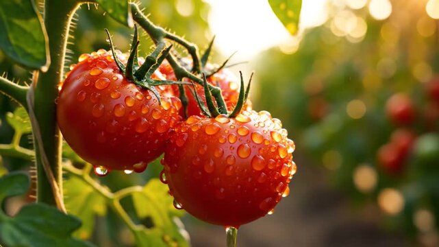 Ripening tomatoes covered in water droplets on a vine in warm sunlight