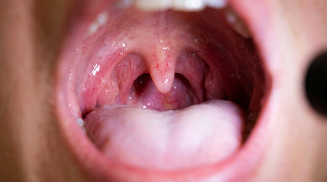 Close-up of human uvula and soft palate inside mouth