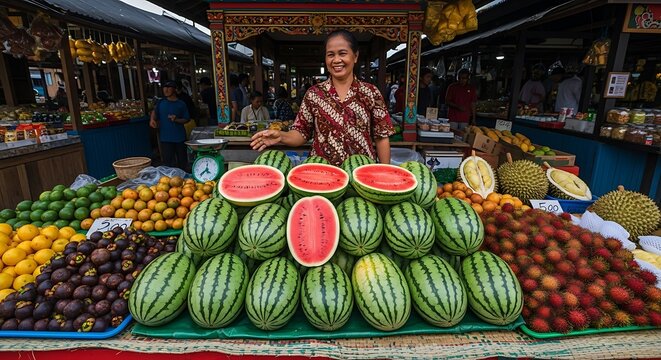 Colorful fresh vegetables and fruits at market stall.