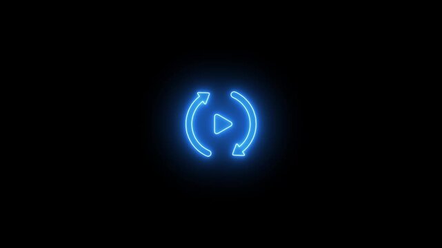 A vibrant electric blue neon glowing of a play button encircled by a circular arrow, signifying repeat playback or continuous media playback on a deep black background