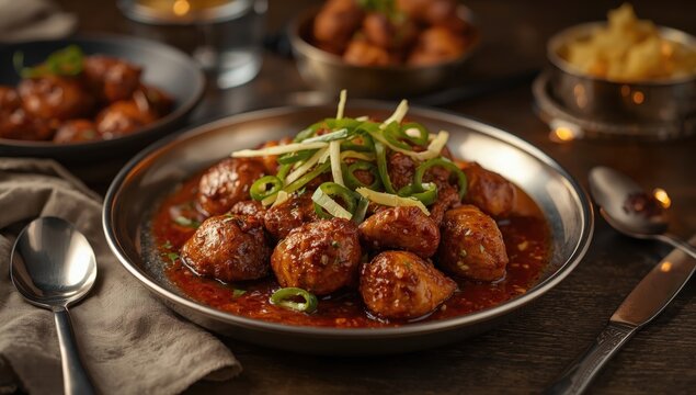 Spicy Masala Chicken Karahi garnished with green chili and ginger, served with cutlery on the table.