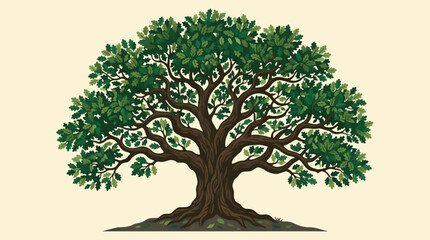 Majestic Oak Tree Illustration with Sprawling Branches and Lush Green Leaves, Detailed Bark Texture, Root System Visible, Flat Design Graphic on Cream Background with Copy Space © Ari