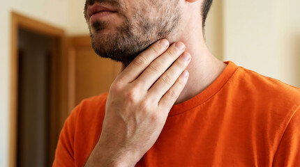Fototapeta premium Man in orange shirt pressing his throat with hand