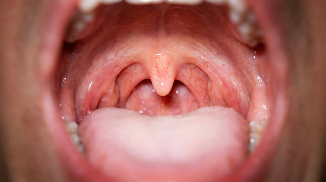 Interior view of human mouth with uvula and tongue