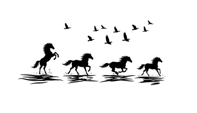 Silhouette of a horse running across water with flying birds; minimalist vector design for tattoos and apparel.