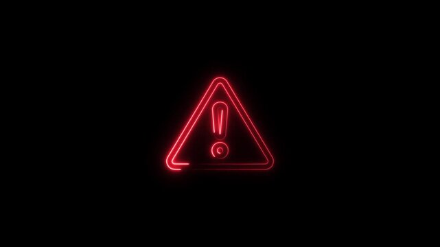 Glowing red neon warning sign with exclamation mark symbol on black background, caution alert