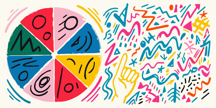 Colorful abstract pattern with pie chart segment and doodle shapes