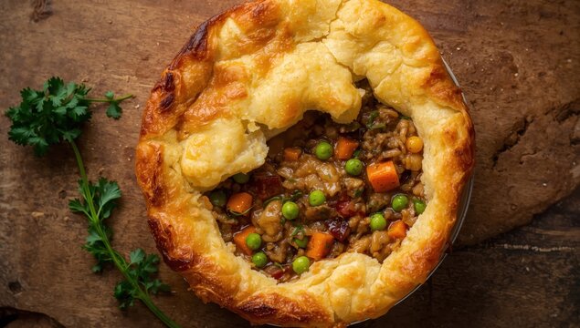 A classic English meal featuring ground meat and vegetables, viewed from above with selective focus.