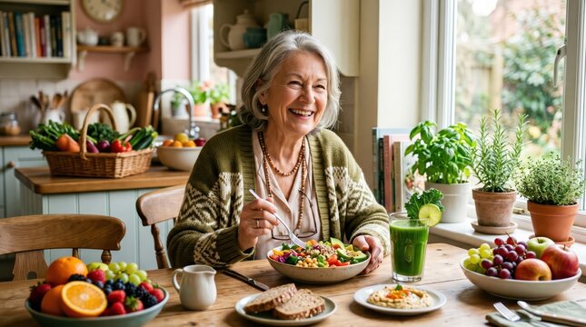 Elderly woman consuming nutritious meals and fresh vegetable juice at home, focusing on wellness and an active lifestyle with natural ingredients.