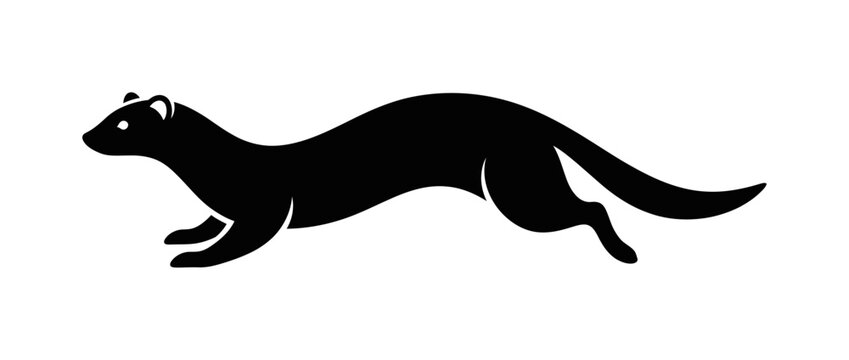 Silhouette of a running weasel in black and white
