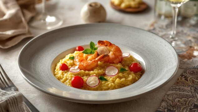 Delicious shrimp risotto is elegantly served, adorned with radishes and cherry tomatoes.