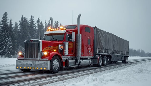 A vibrant red classic semi truck with chrome accents and illuminated marker lights is transporting cargo on a flatbed trailer, slowly skidding on a snowy highway.