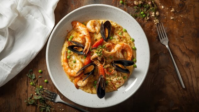 Fresh gourmet seafood risotto with mussels, shrimp, prawns, rapan, and squid on a rustic table, top view, with space for text.