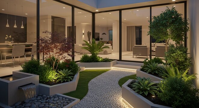 Modern luxury living room with indoor plants and pool view.