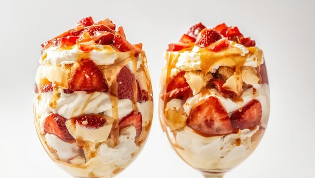 Layered trifle dessert featuring vanilla cake, whipped cream, salted caramel, and fresh strawberries. Two servings in glass against a white backdrop. Close-up.