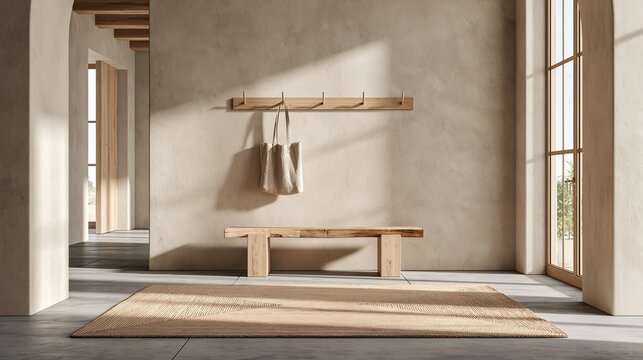 Warm modern wabi sabi minimalist entryway hallway with natural solid wood coat hooks bench and woven jute rug against textured plaster walls