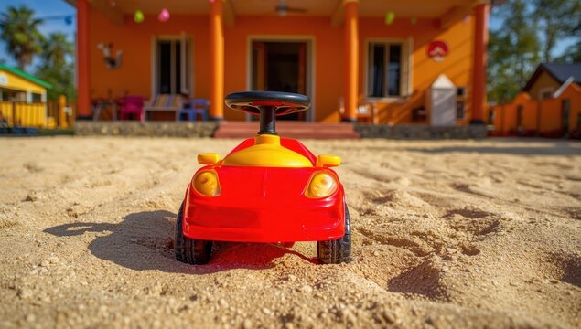 A plastic toy car with a black steering wheel lies on the ground of a nearby house, where a child used to ride, shown from the front for copy space.