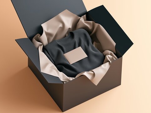 Open luxury black gift box with folded black sweater wrapped in soft beige tissue paper on plain solid beige background ready for custom brand presentation