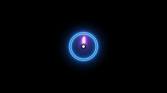 A glowing neon clock face with a blue outline and a pink and purple hand against a stark black background, suggesting time passing or a digital interface