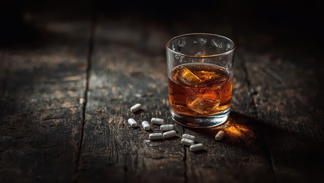 Glass of alcohol and white narcotic pills on a wooden table. Theme of addiction and unhealthy behaviors.