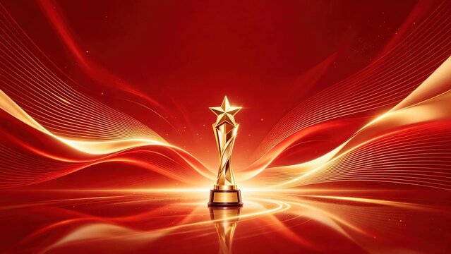 Luxury golden star trophy standing on glowing red background with flowing golden wavy lines representing first place award victory and success
