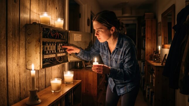Young woman in the dark uses candles to check the fuse box at home during a power outage.