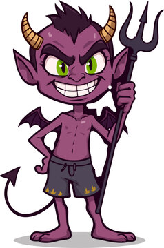 Cartoon purple devil character with pitchfork, mischievous little demon mascot with horns and wings, evil imp vector illustration for halloween