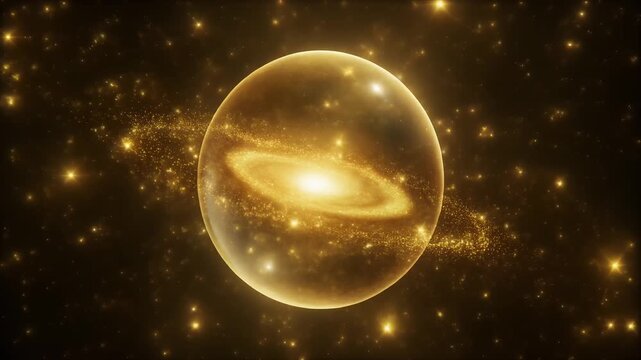 Golden galaxy inside a crystal sphere. Abstract space orb with glowing cosmic particles.