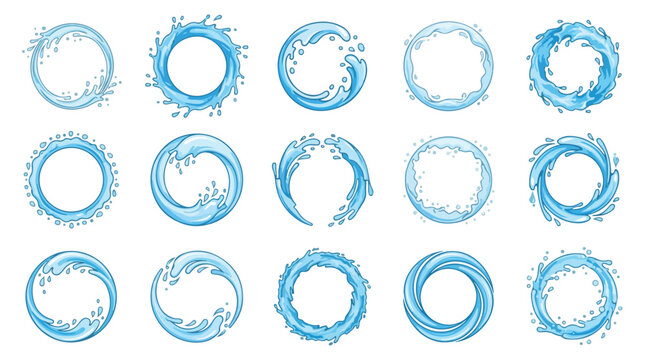 Blue water splash circle frames, set of 15 liquid wave borders. Round aquatic ripple splashes and swirling ocean spray elements for logo design.