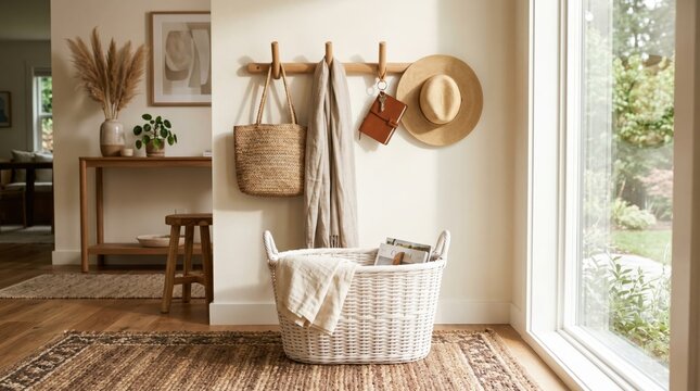 Woven wood basket with dowel hooks for boho mid-century interior storage in light brown tones.