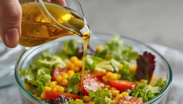 Pouring oil on a vegetable salad. Hand adding oil from a glass creamer. Salad in a glass pot.