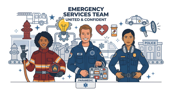 Emergency services team illustration, diverse first responders group, professional firefighter paramedic and police officer characters, public safety concept