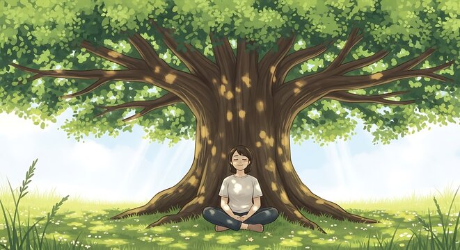 Serene landscape with ancient tree and soccer ball.