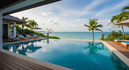 Fototapeta premium Modern infinity pool with ocean view terrace at resort.