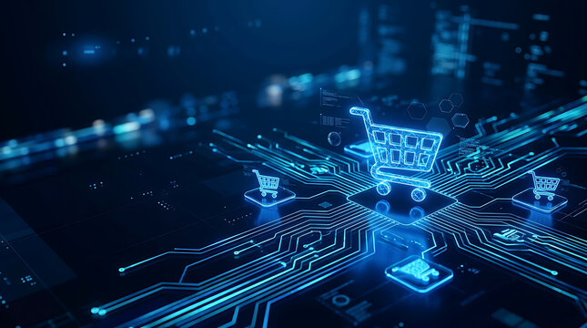 Digital shopping cart on circuit board. E-commerce technology concept with glowing data lines.