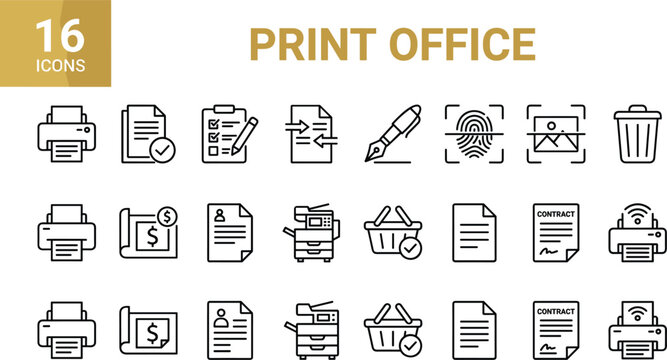 Print office and corporate business document workflow thin line icons set for professional publishing service isolated on white