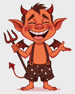 Cartoon devil character with pitchfork and wings, mischievous red demon boy illustration, happy imp mascot in polka dot shorts