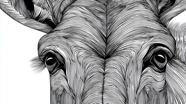 Intricate line art illustration of a moose head in black and white
