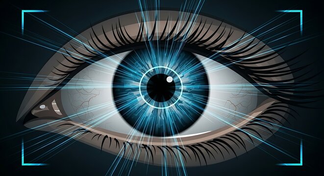 Blue eye with intricate geometric iris pattern.