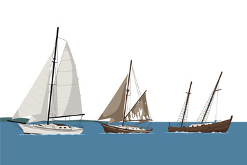 Fototapeta premium Serene scene featuring three different sailboats gliding on the calm blue water under a clear sky for maritime and travel themes.