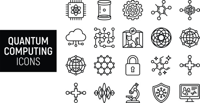 Quantum computing and advanced technology line icons set featuring schrodinger cat cryptography qubits network processors and science.