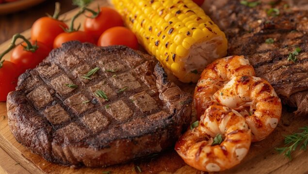 Detailed shot of an elegantly arranged surf and turf grill platter showcasing a tempting variety of grilled meats and seafood on a wooden board.