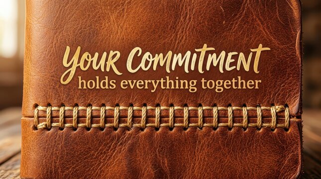 Close-up of a textured leather journal with the inspiring quote 'Your Commitment holds everything together' in gold script