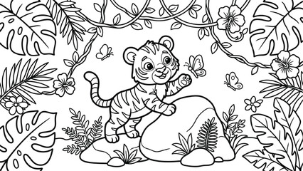 Fototapeta premium Cute Baby Tiger Cub Jungle Coloring Book Page with Flowers Butterflies and Tropical Plants Vector Illustration