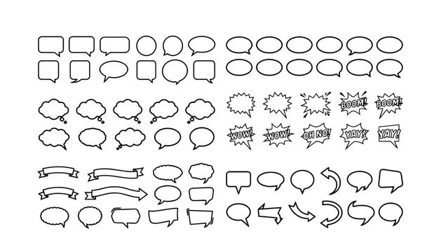 Diverse collection of black and white comic book speech bubbles and thought balloons for graphic design