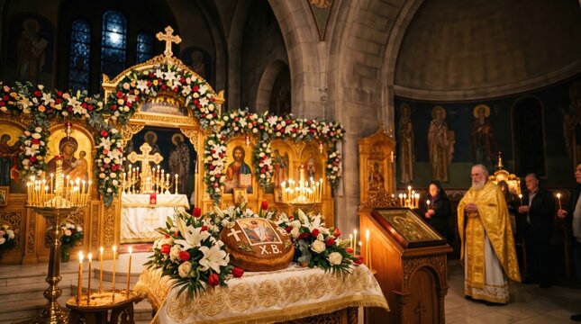 Christianity. Orthodox faith. Easter eve. Bread before the altar in the Orthodox Church.