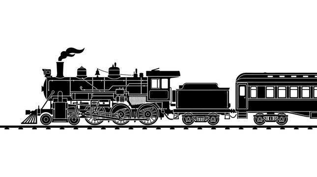 Vintage steam locomotive pulling passenger car on snowy tracks. Classic black train engine with coal tender and retro railcar in winter landscape.